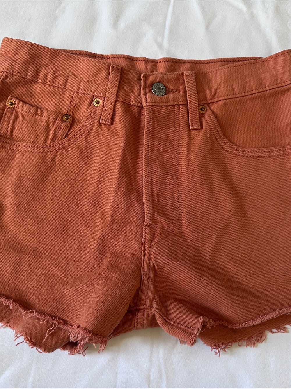 Levi’s 501 Original High Rise Denim Shorts Rust Orange Cutoff Button Fly W27